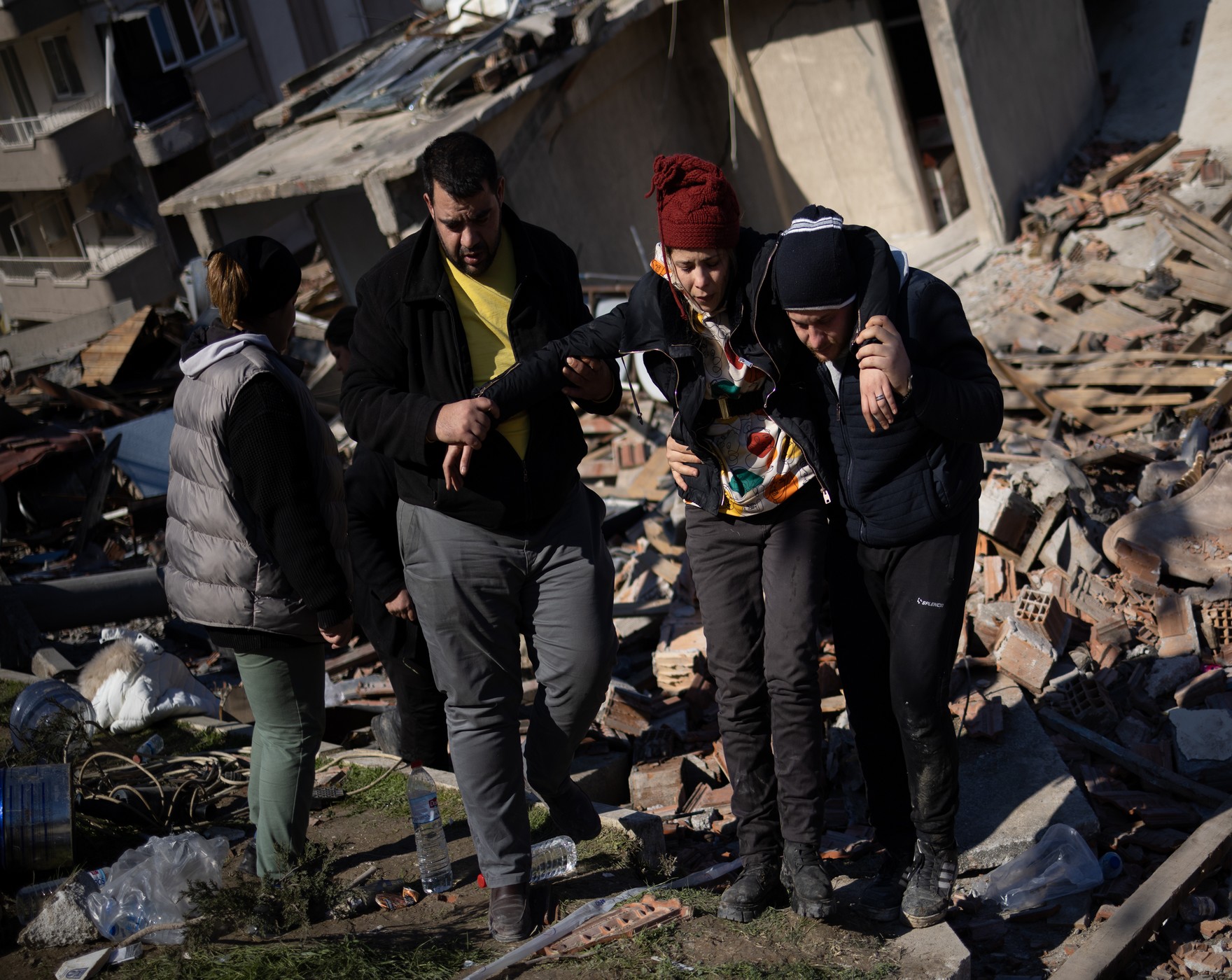 Emergency search and rescue crews search through the rubble of destroyed buildings in Hatay, Antakya, Turkey, caused by the recent earthquakes.